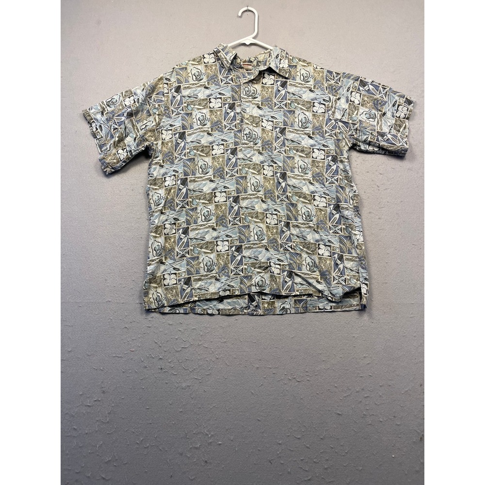 Go Barefoot Hawaiian Shirt 100% Cotton Blue Grey Floral Print Large Mens